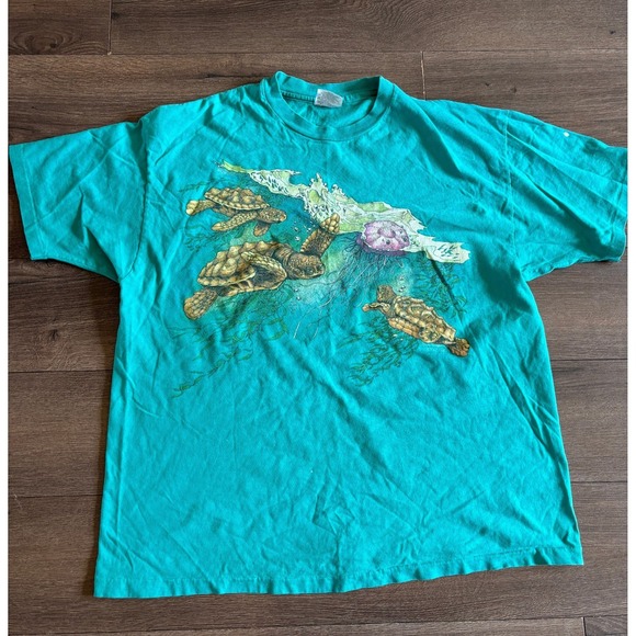 Hanes Beefy-T Tops - Vintage 1993 Nature Graphics Sea Turtle T-Shirt Teal Hanes Beefy-T XL Harlequin